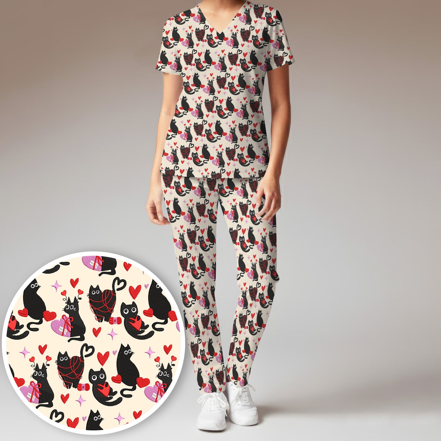 Valentine’s Day Scrub Set, Cute Black Cat With Heart Pattern Nurse Shirt, Breathable Fabrics Nursing Uniform