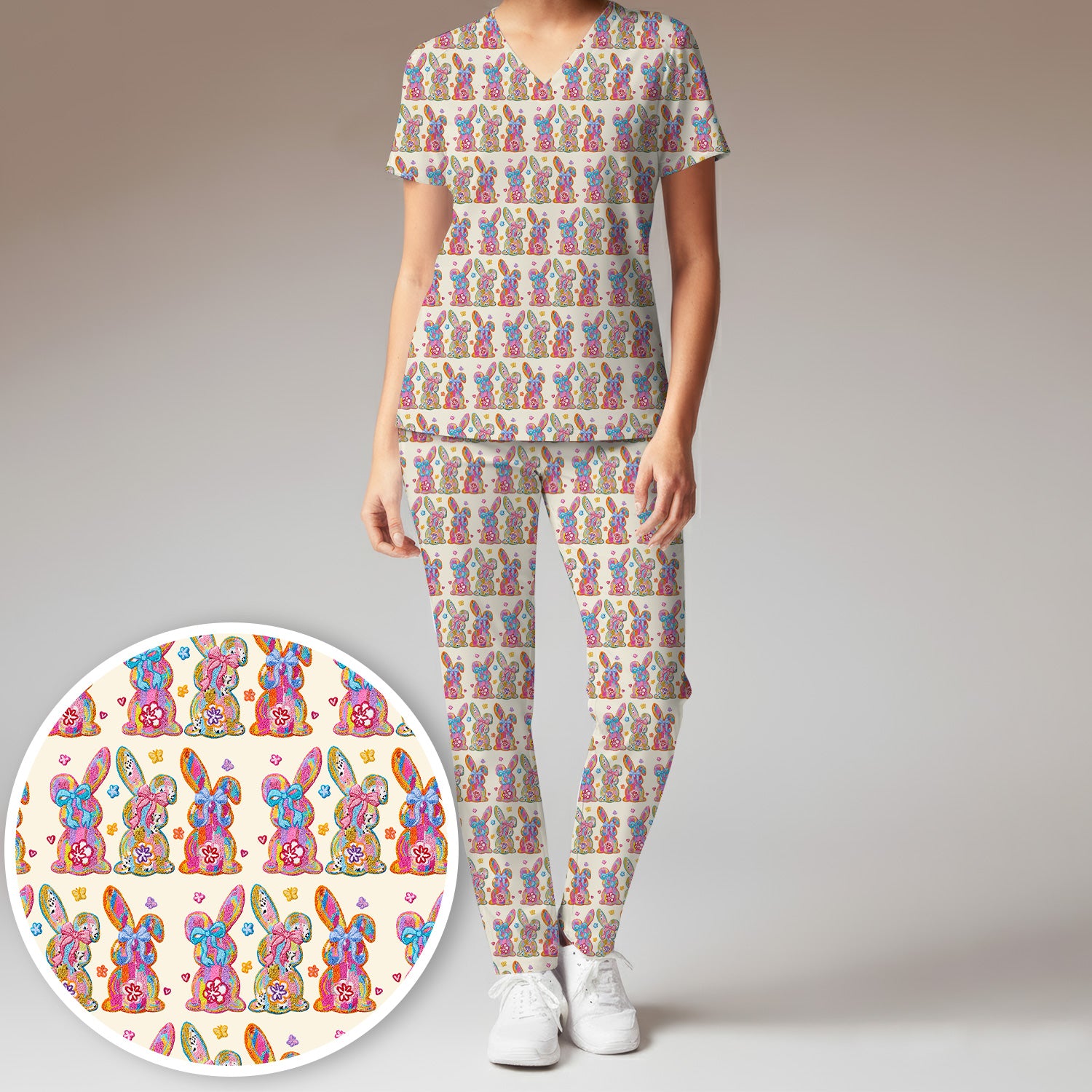 Cute Pastel Bunny Floral Pattern Scrub Set, Breathable Med Uniform