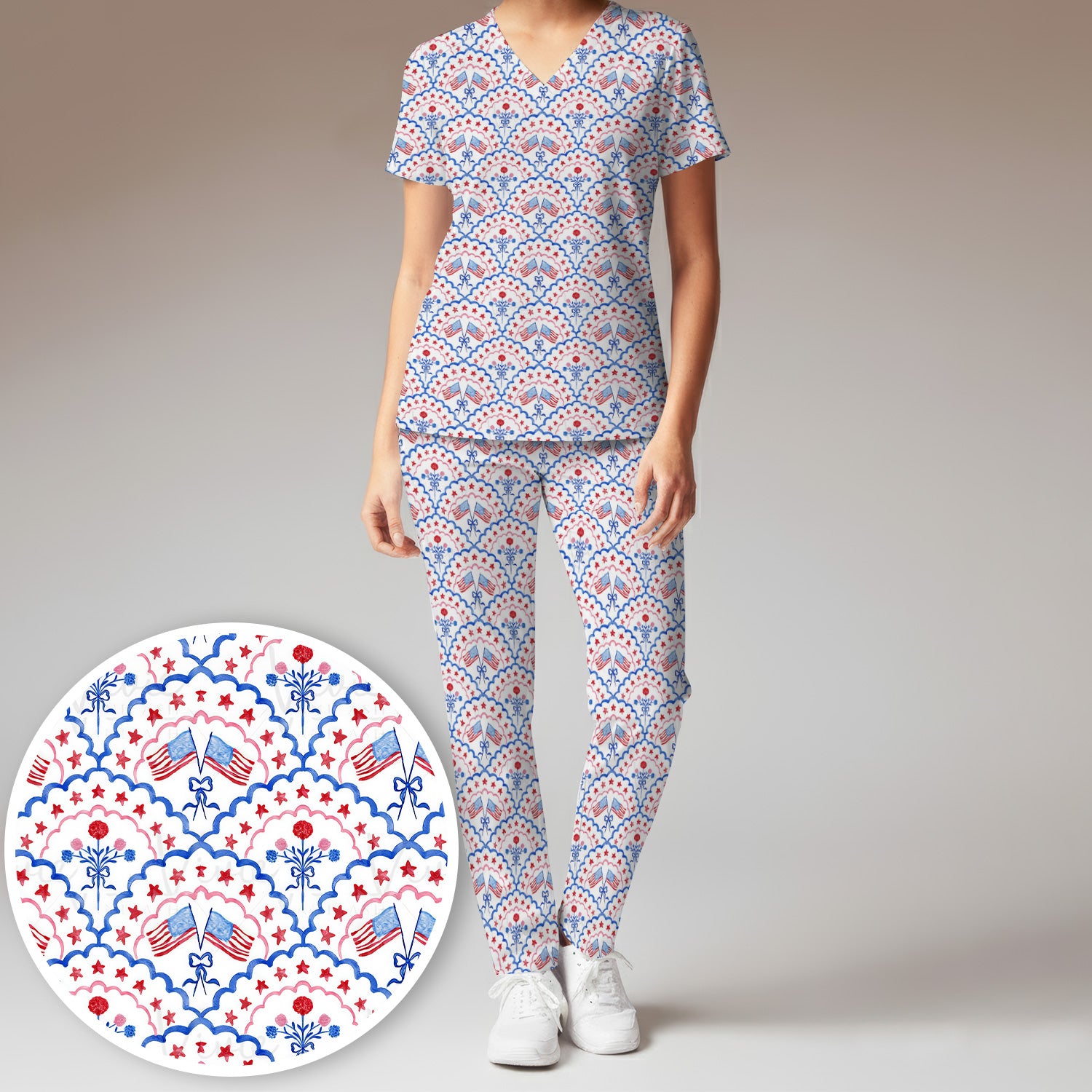 Patriotic Scallop Star Flag Floral Pattern Scrub Set, Scrub Pants and V Neck Top