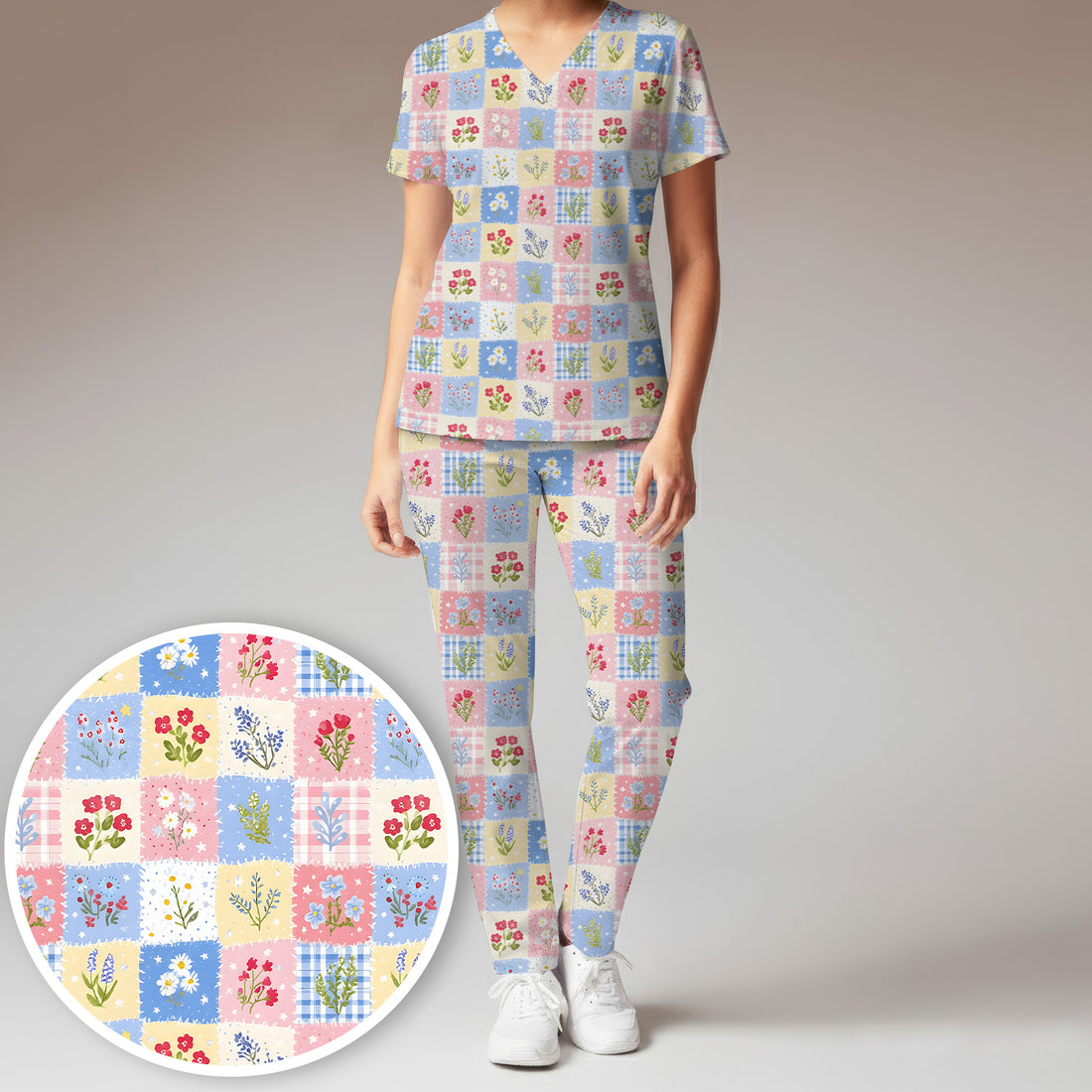 Pastel Patchwork Wildflower Garden Print Scrub Set, Scrub Pants and V Neck Top