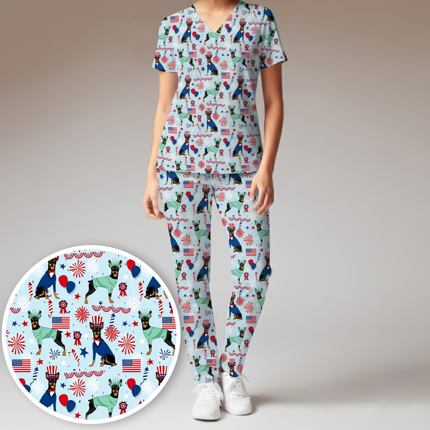 Patriotic Doberman Liberty Fireworks Pattern Scrub Set, Scrub Pants and V Neck Top