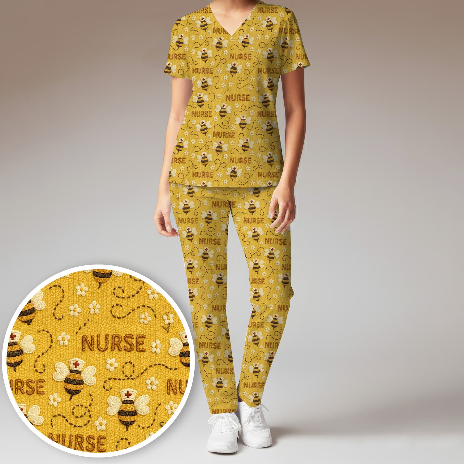 Honey Bee Nurse Scrub Set – Cute Bumblebee Medical Pattern – Cheerful Uniform for Nurses, Vets and Healthcare Workers