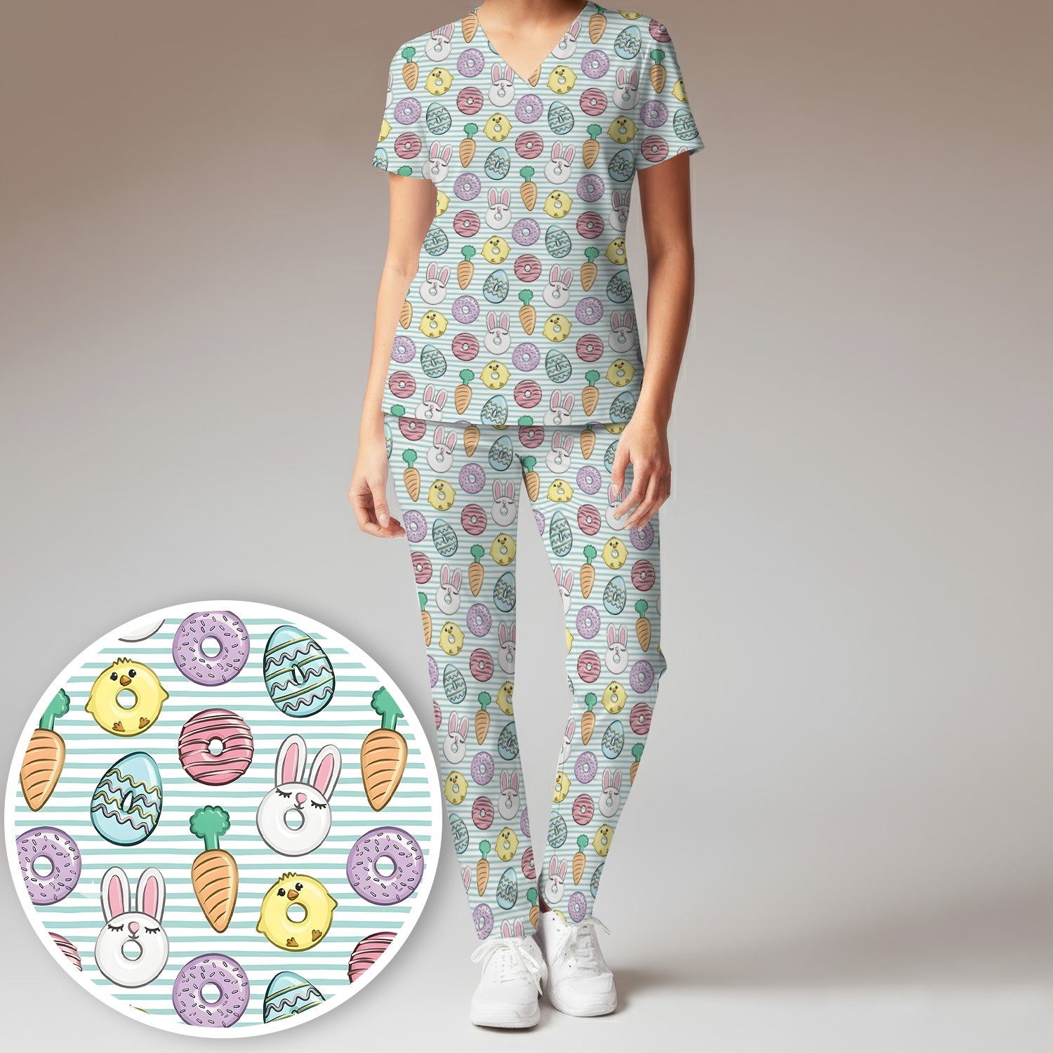 Funny Easter Chick Bunny Pattern Scrub Set, Scrub Pants and V Neck Top