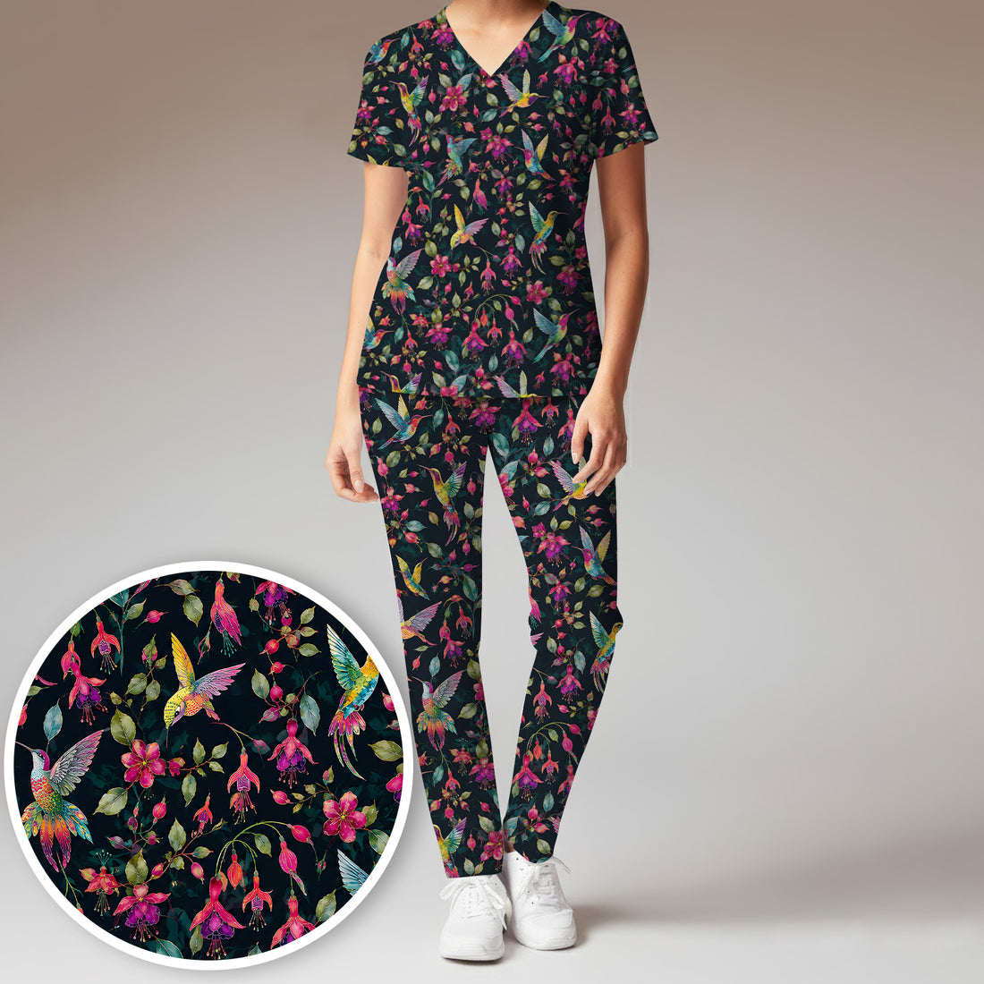 Hummingbird Fuchsia Bloom Pattern Scrub Set, Scrub Pants and V Neck Top