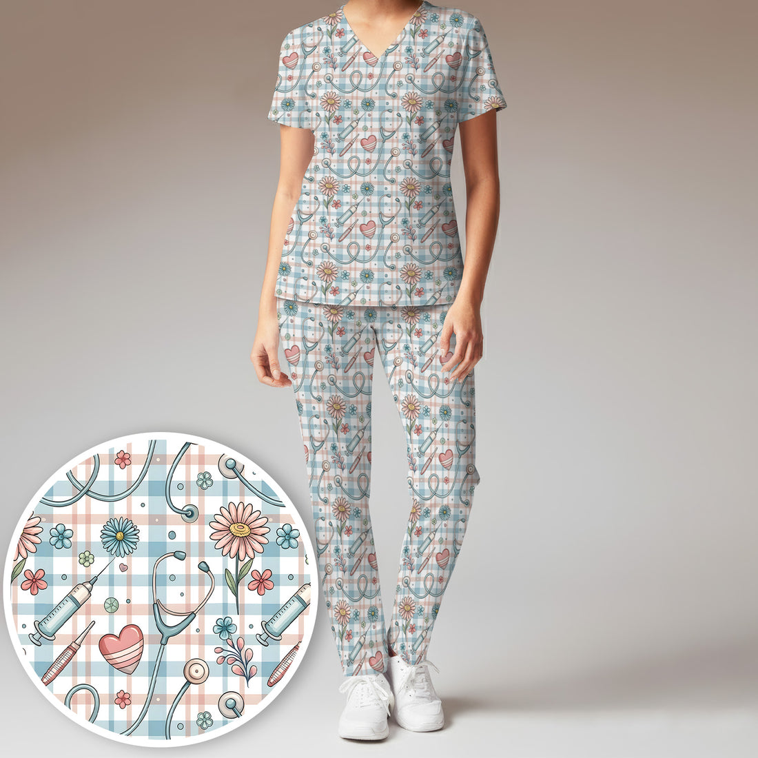 Stethoscope Heart Syringe Floral Plaid Pattern Scrub Set, Scrub Pants and V Neck Top