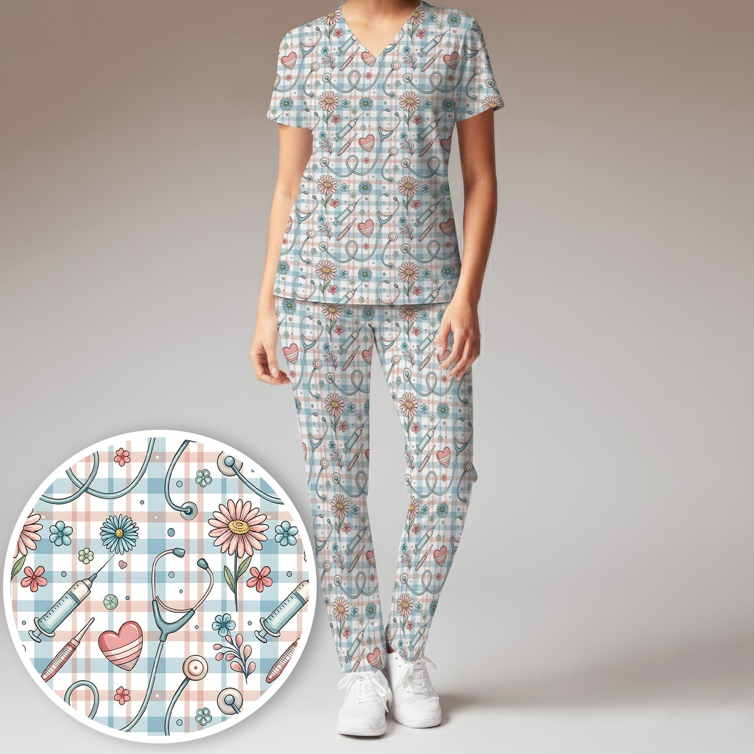 Stethoscope Heart Syringe Floral Plaid Pattern Scrub Set, Scrub Pants and V Neck Top