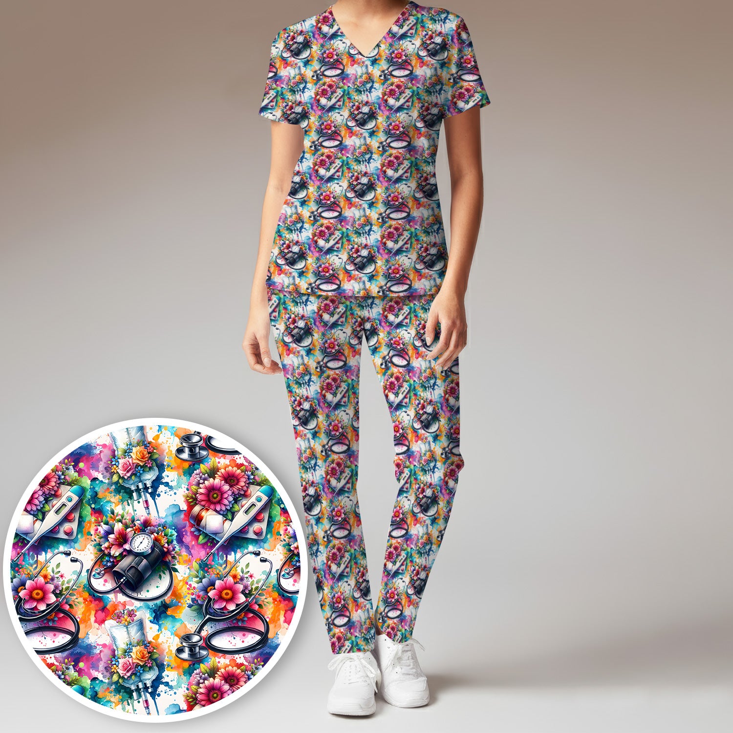 Colorful Medical Tools Floral Pattern Scrub Set, Scrub Pants and V Neck Top