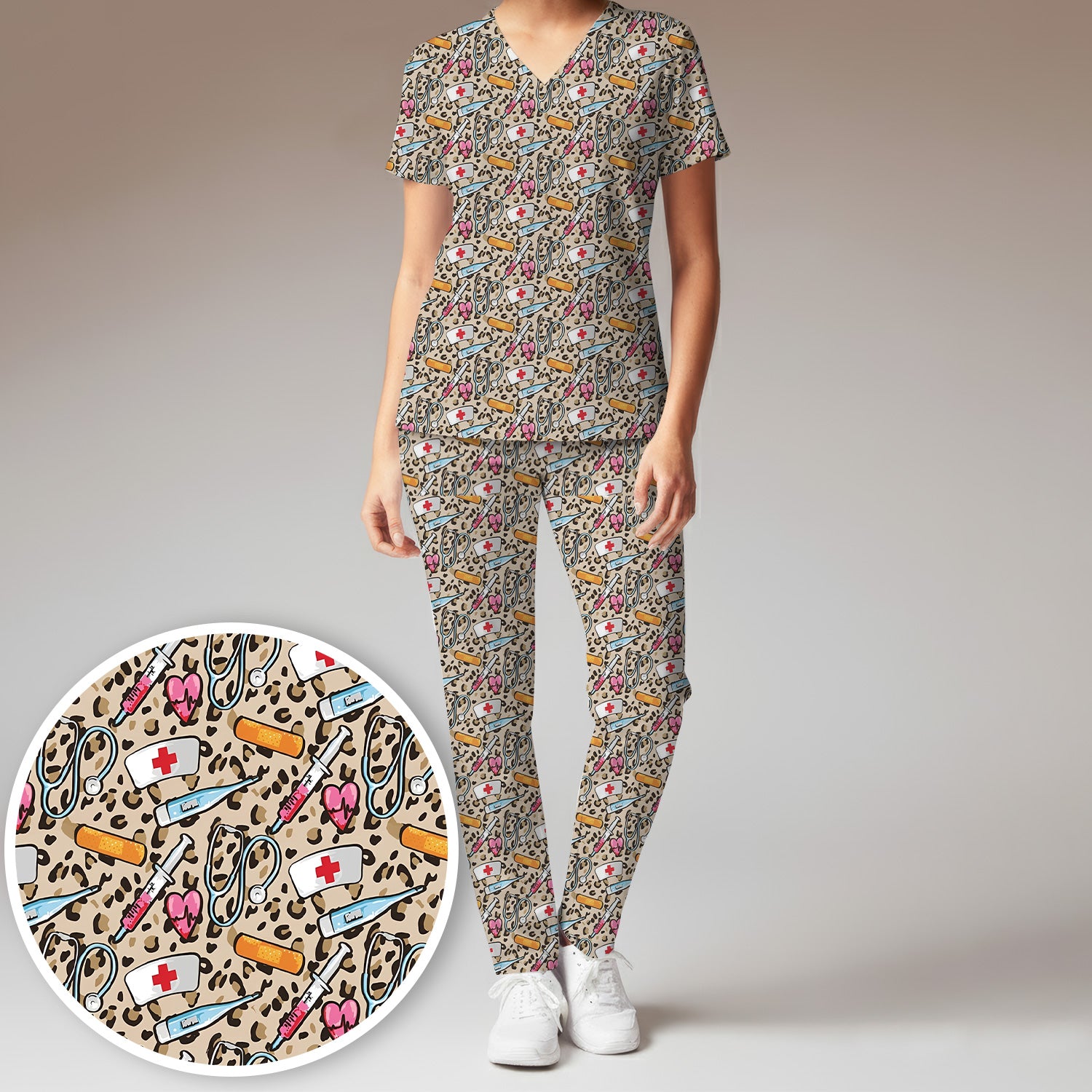 Leopard Medical Tools Pink Heart Print Scrub Set, Scrub Pants and V Neck Top
