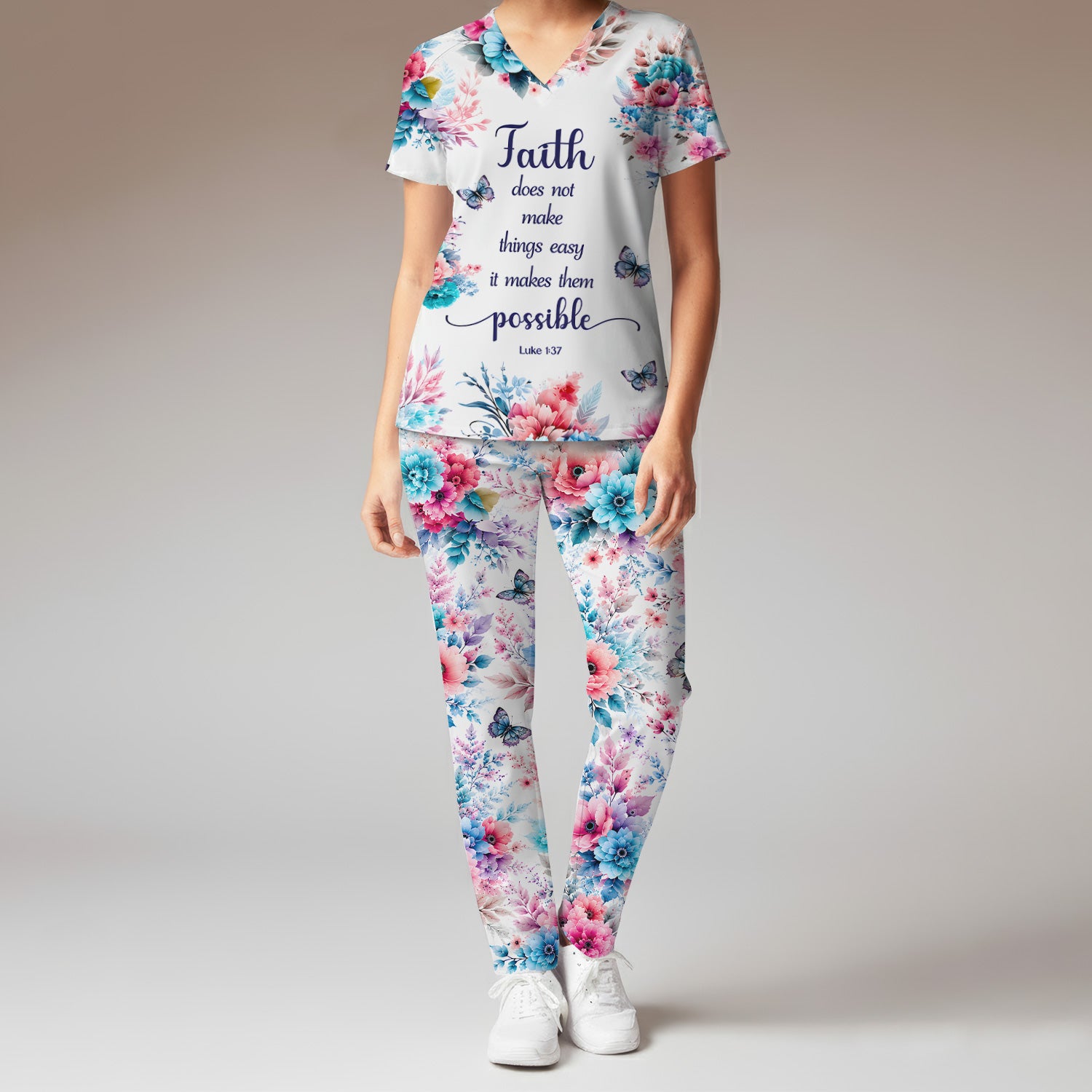 Inspirational Faith Floral Butterfly Pattern Scrub Set, Scrub Pants and V Neck Top