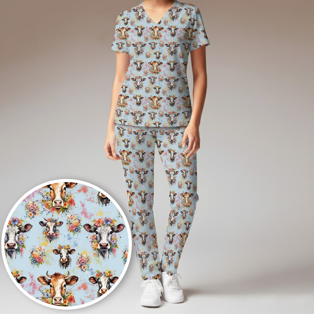 Cute Floral Cow Farm Animal Pattern Scrub Set, Scrub Pants and V Neck Top