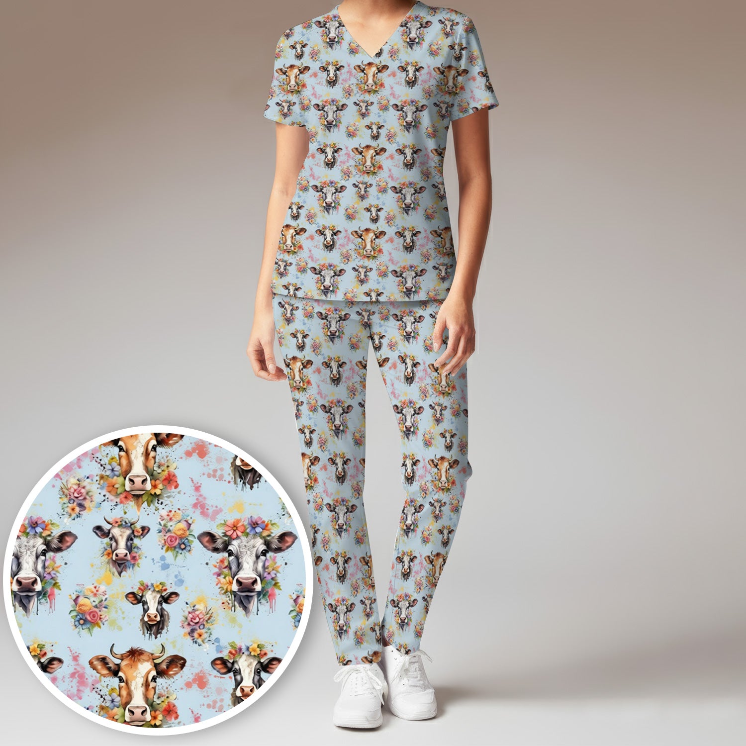 Cute Floral Cow Farm Animal Pattern Scrub Set, Scrub Pants and V Neck Top
