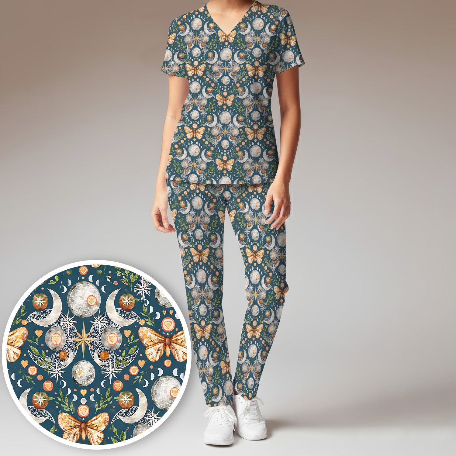 Celestial Butterfly Moonlight Pattern Scrub Set, Scrub Pants and V Neck Top