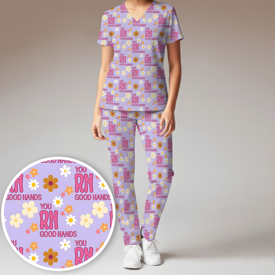 You RN Good Hands Floral Daisy Pattern Scrub Set, Scrub Pants and V Neck Top