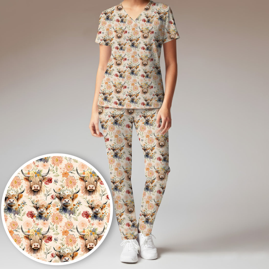 Cute Highland Cow Floral Pattern Scrub Set, Scrub Pants and V Neck Top