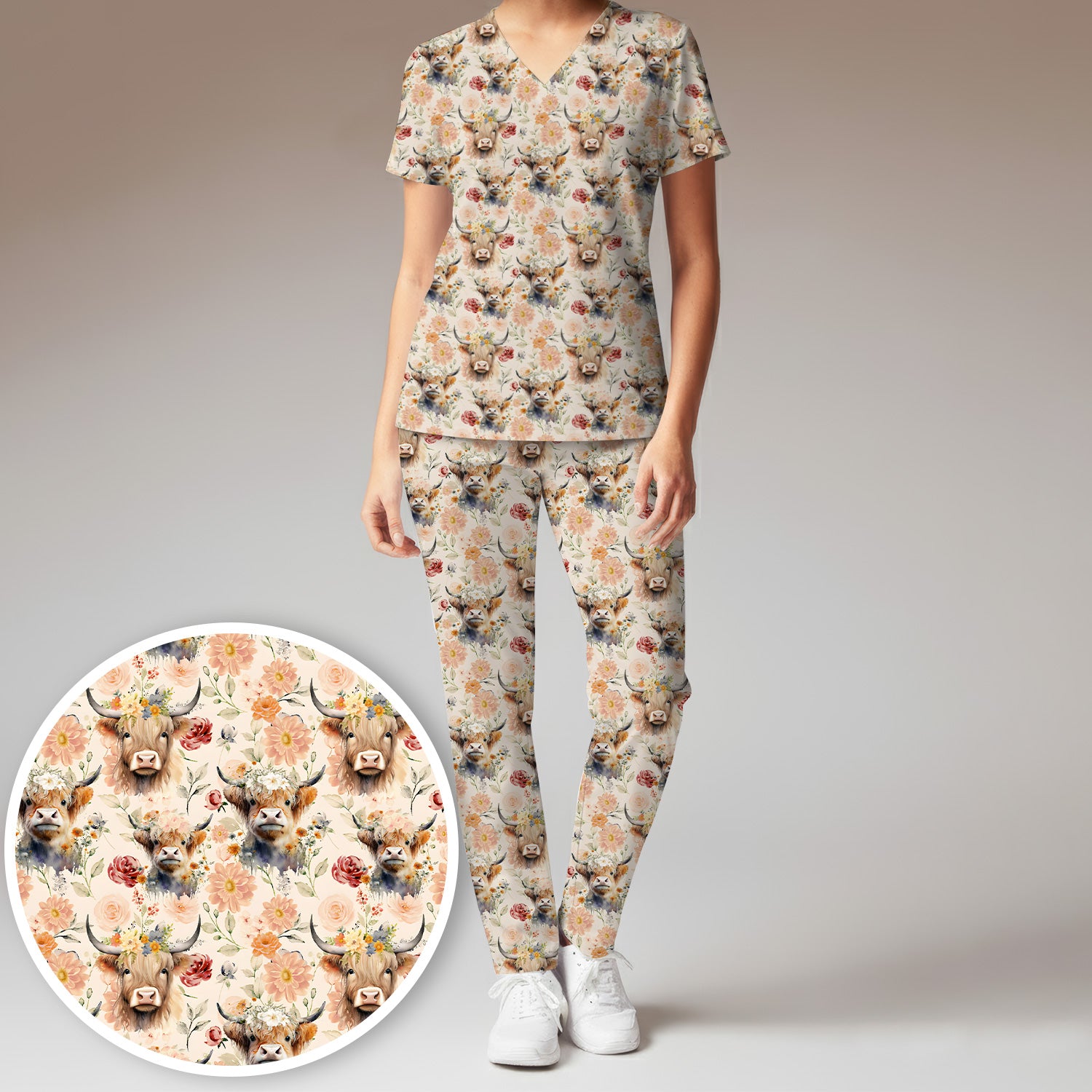 Cute Highland Cow Floral Pattern Scrub Set, Scrub Pants and V Neck Top