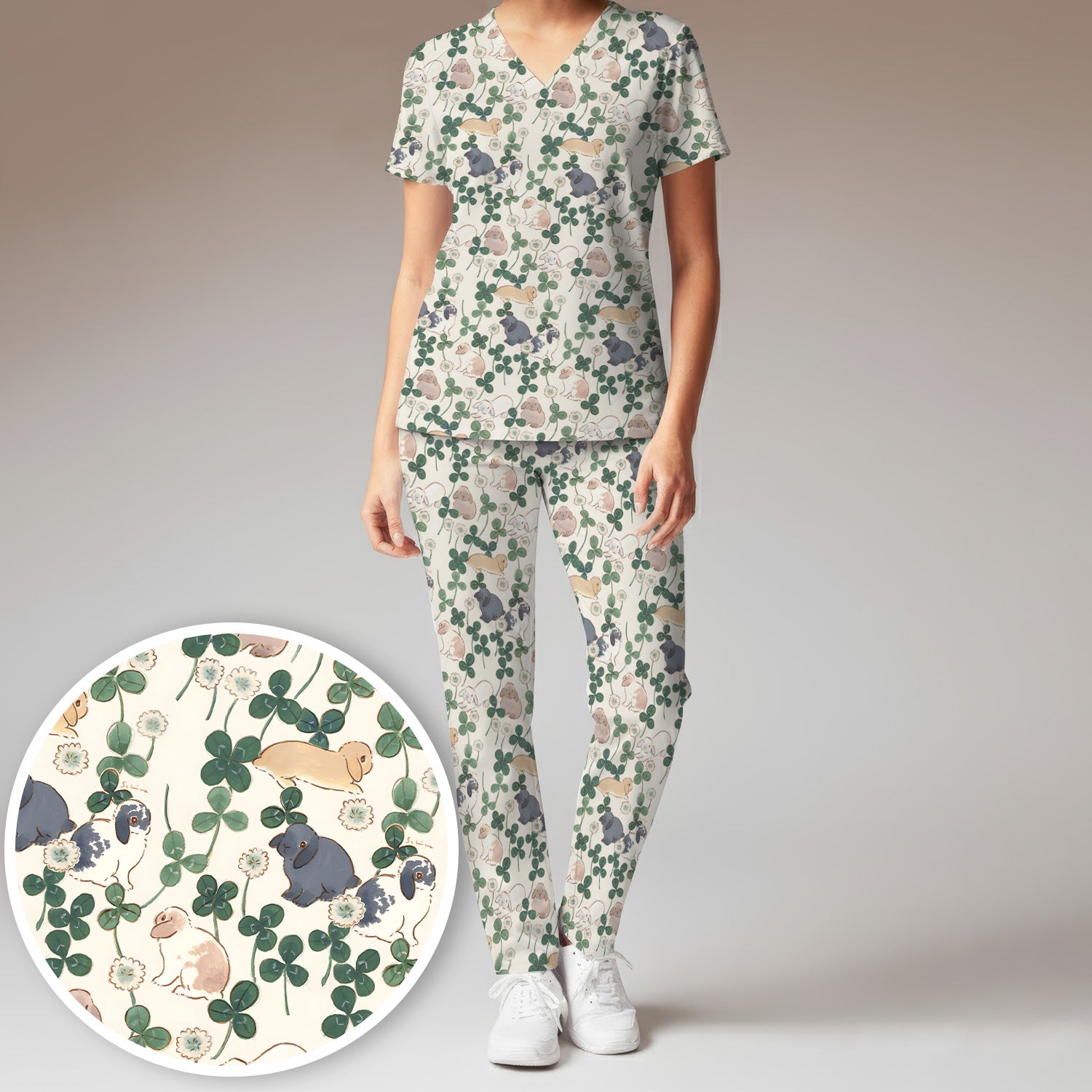 Cute Bunny Clover Garden Meadow Pattern Nurse Scrub Set, Scrub Pants and V Neck Top