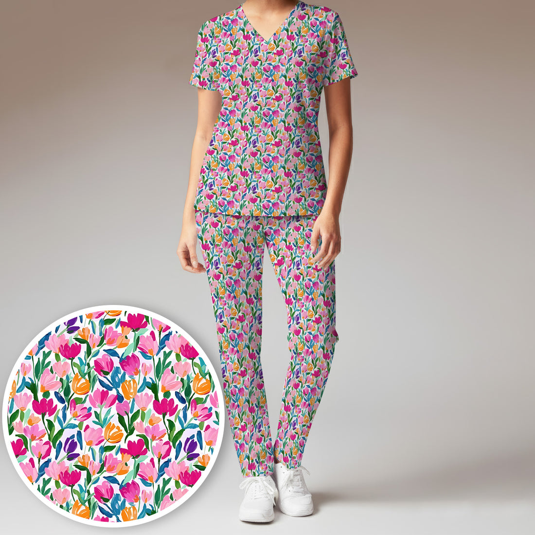 Vibrant Tulip Meadow Pattern Scrub Set, Scrub Pants and V Neck Top