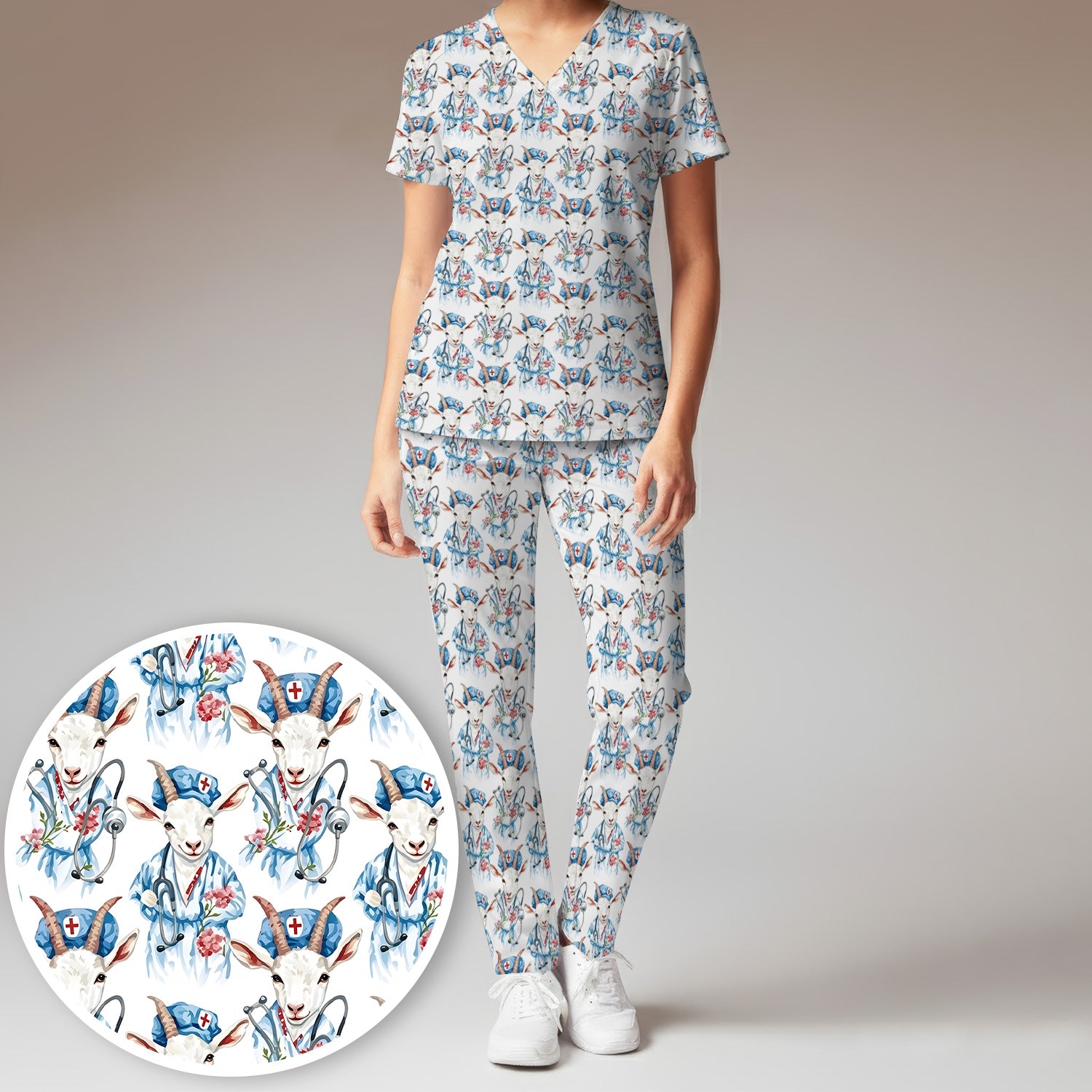 Cute Goat Animal Lover Pattern Scrub Set, Scrub Pants and V Neck Top