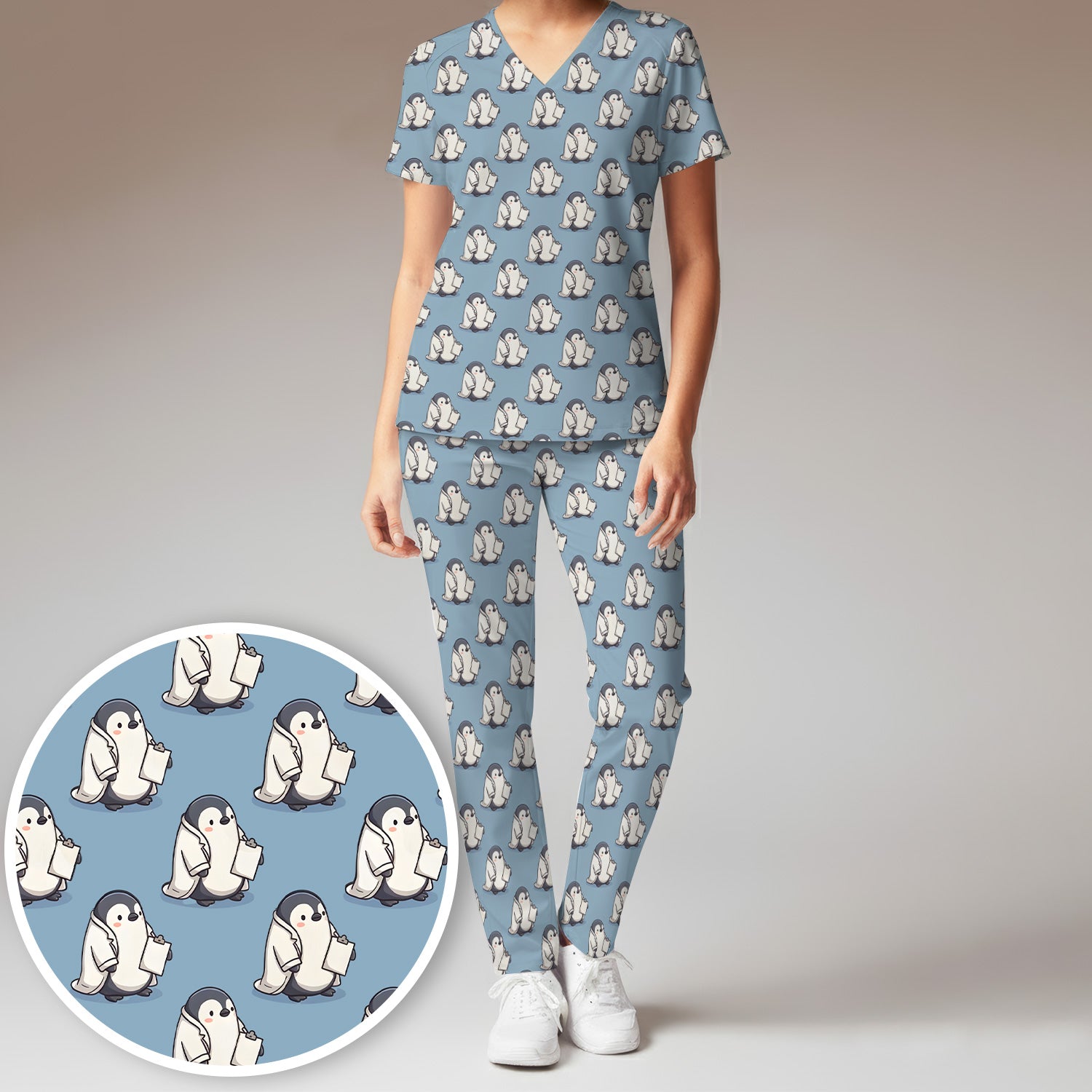 Penguin Nurse Medical Pattern Scrub Set, Scrub Pants and V Neck Top