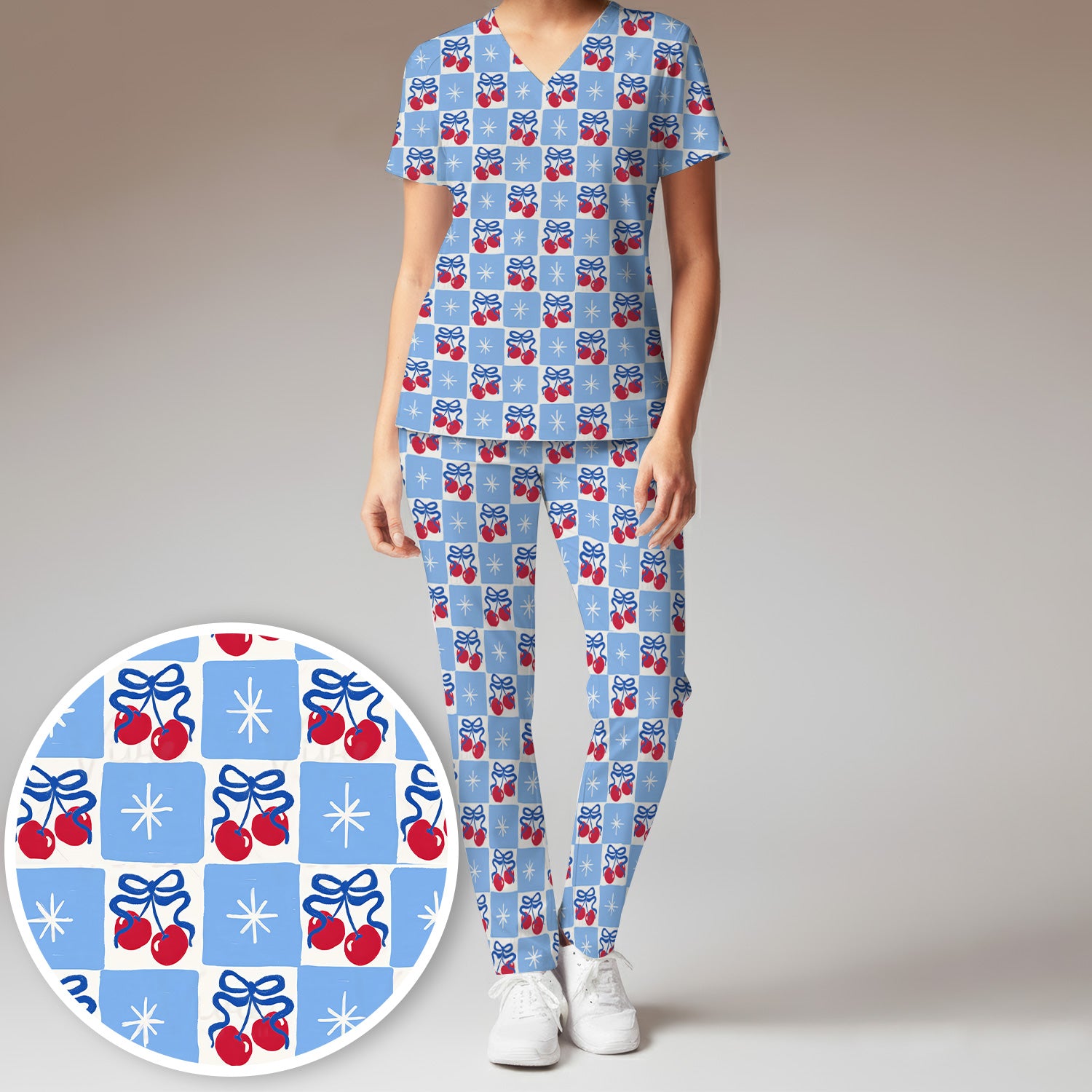 Cute Cherry Bow With Blue Gingham Check Pattern Scrub Set, Scrub Pants and V Neck Top
