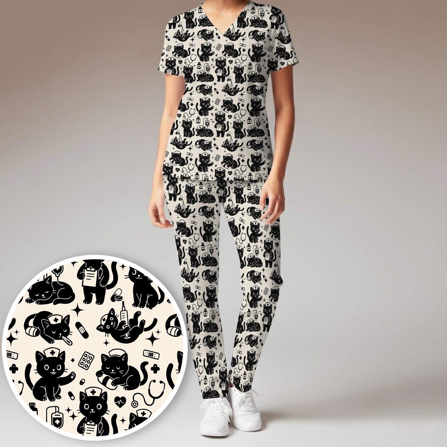 Cute Black Cat Nurse Pattern Scrub Set, Breathable Med Uniform