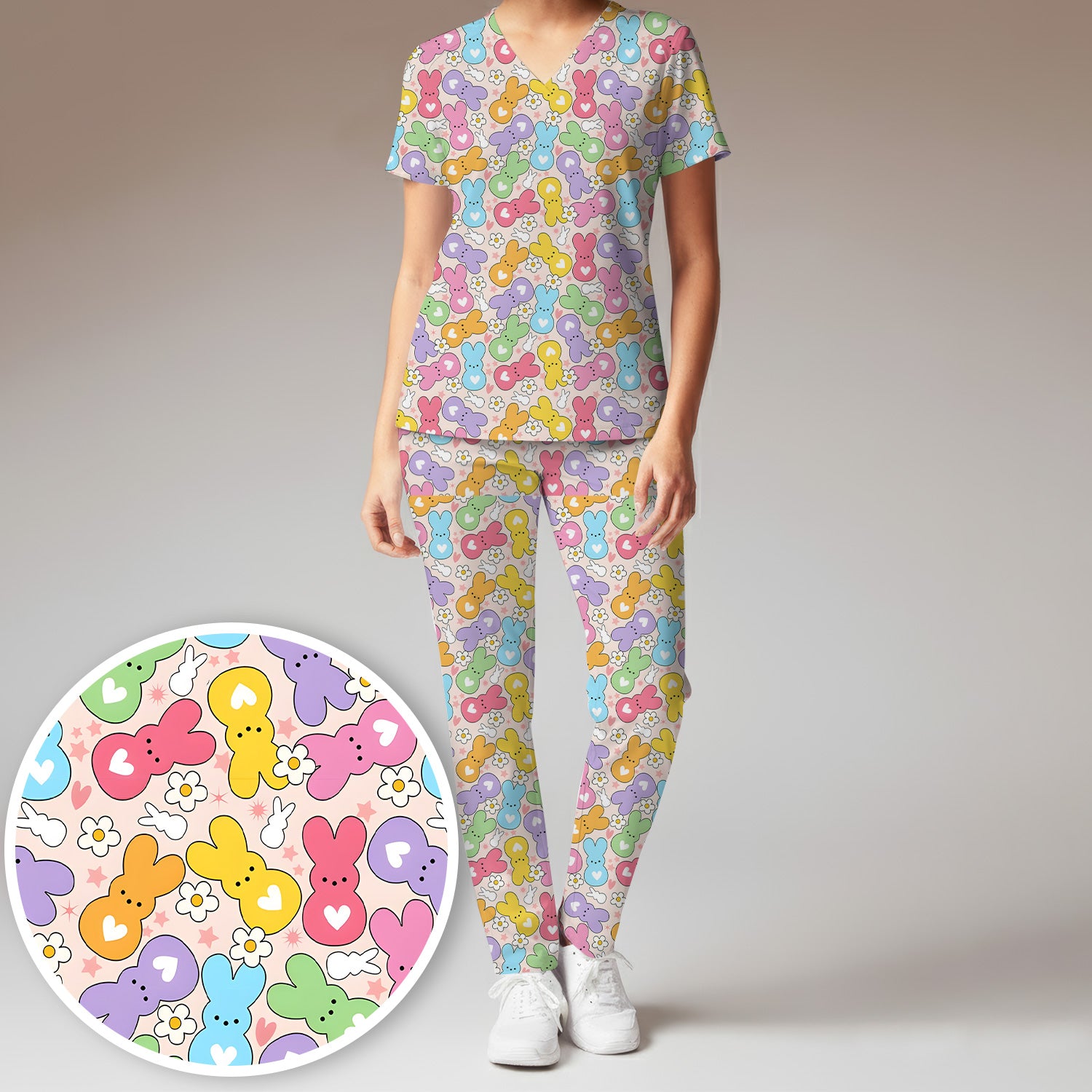 Sweet Pastel Bunny Daisy Pattern Scrub Sets, Scrub Pants and V Neck Top