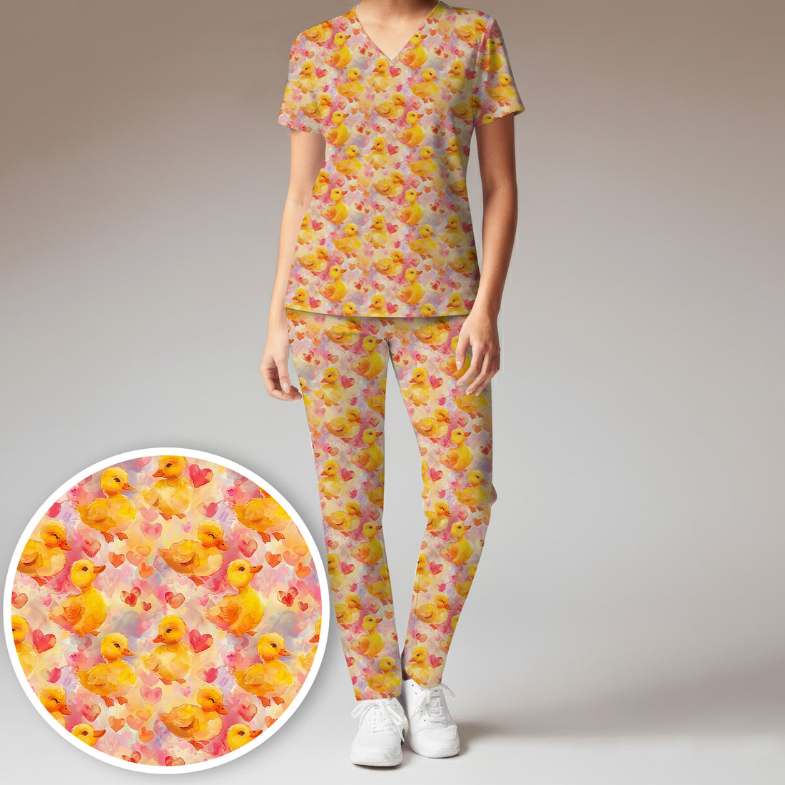 Cute Duck Heart Watercolor Pattern Scrub Set, Scrub Pants and V Neck Top