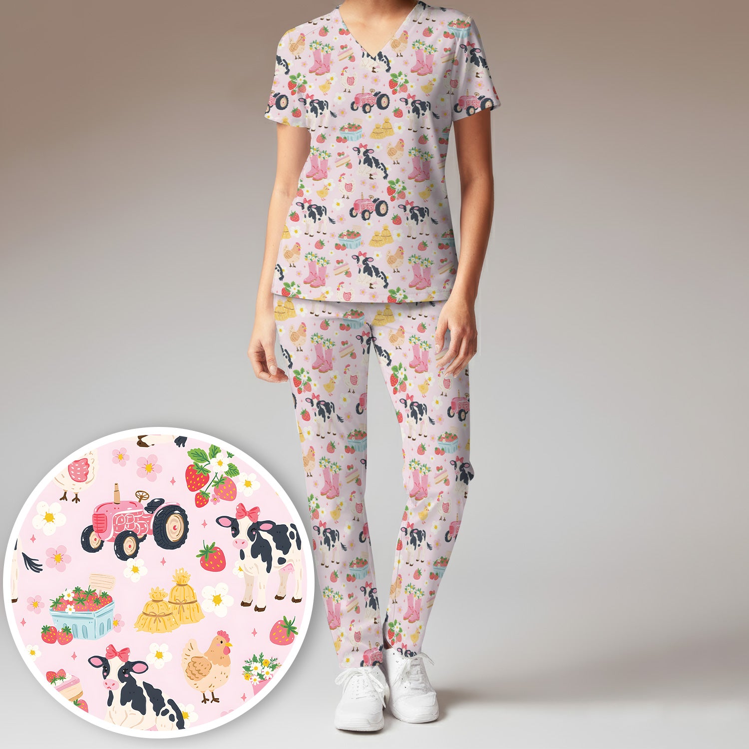Cute Farm Animals & Strawberry Garden Pattern Scrub Set, Scrub Pants and V Neck Top