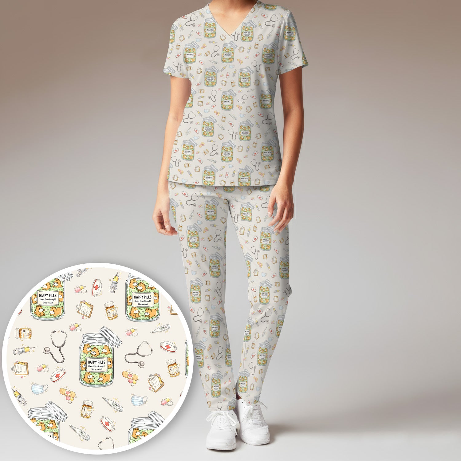 Happy Pills Horse Medical Print Women's Scrub Set, Scrub Pants and V-Neck Top