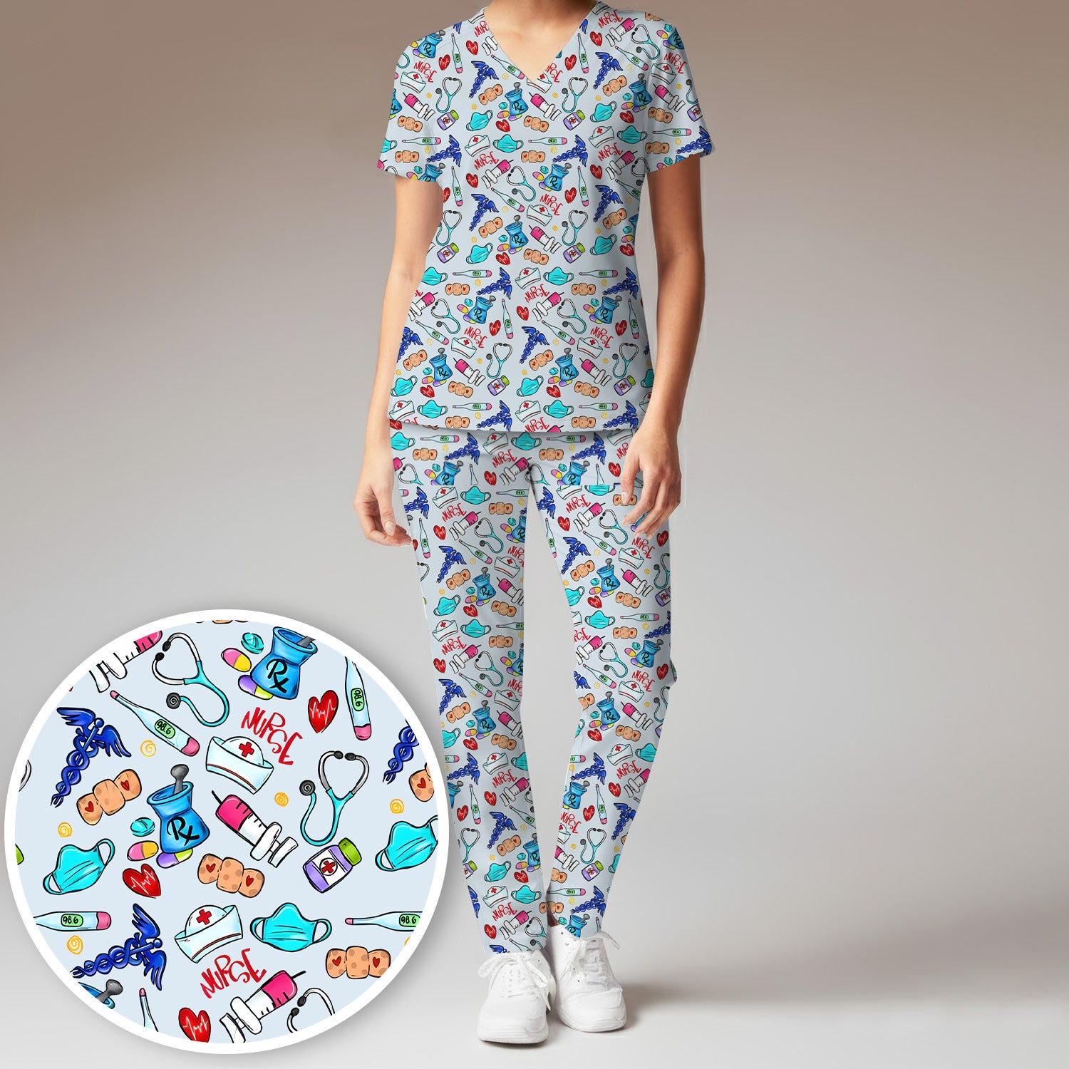 Nurse Medical Icons Stethoscope Heart Pattern Scrub Set, Scrub Pants and V Neck Top