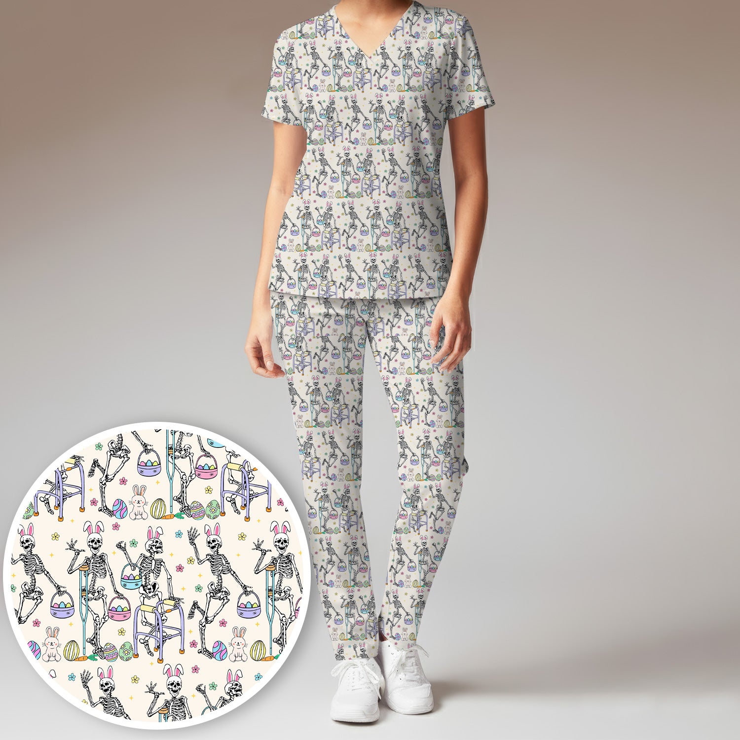 Fun Skeleton Bunny Easter Print Scrub Set, Scrub Pants and V Neck Top