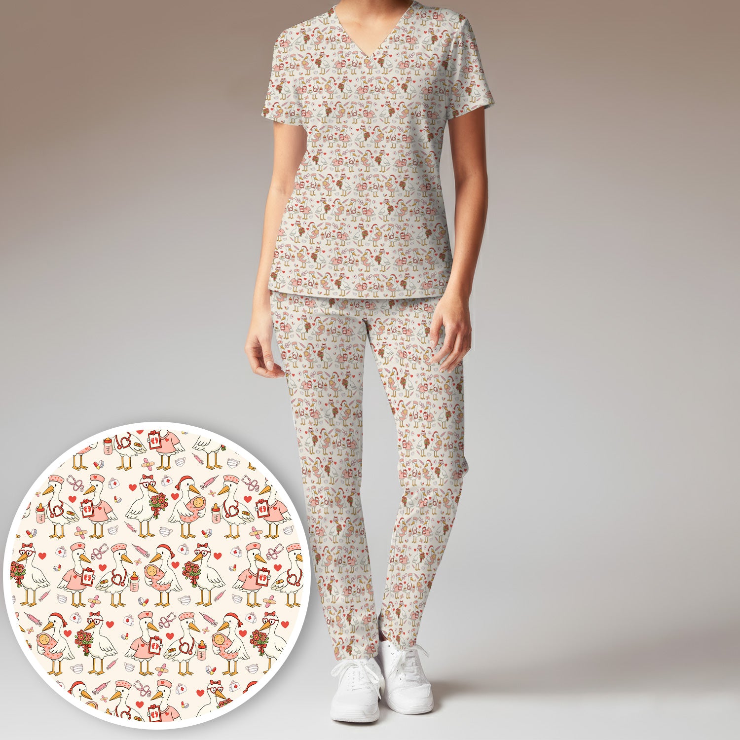 Cute Goose Nurse Valentine Print Scrub Set, Breathable Med Uniform