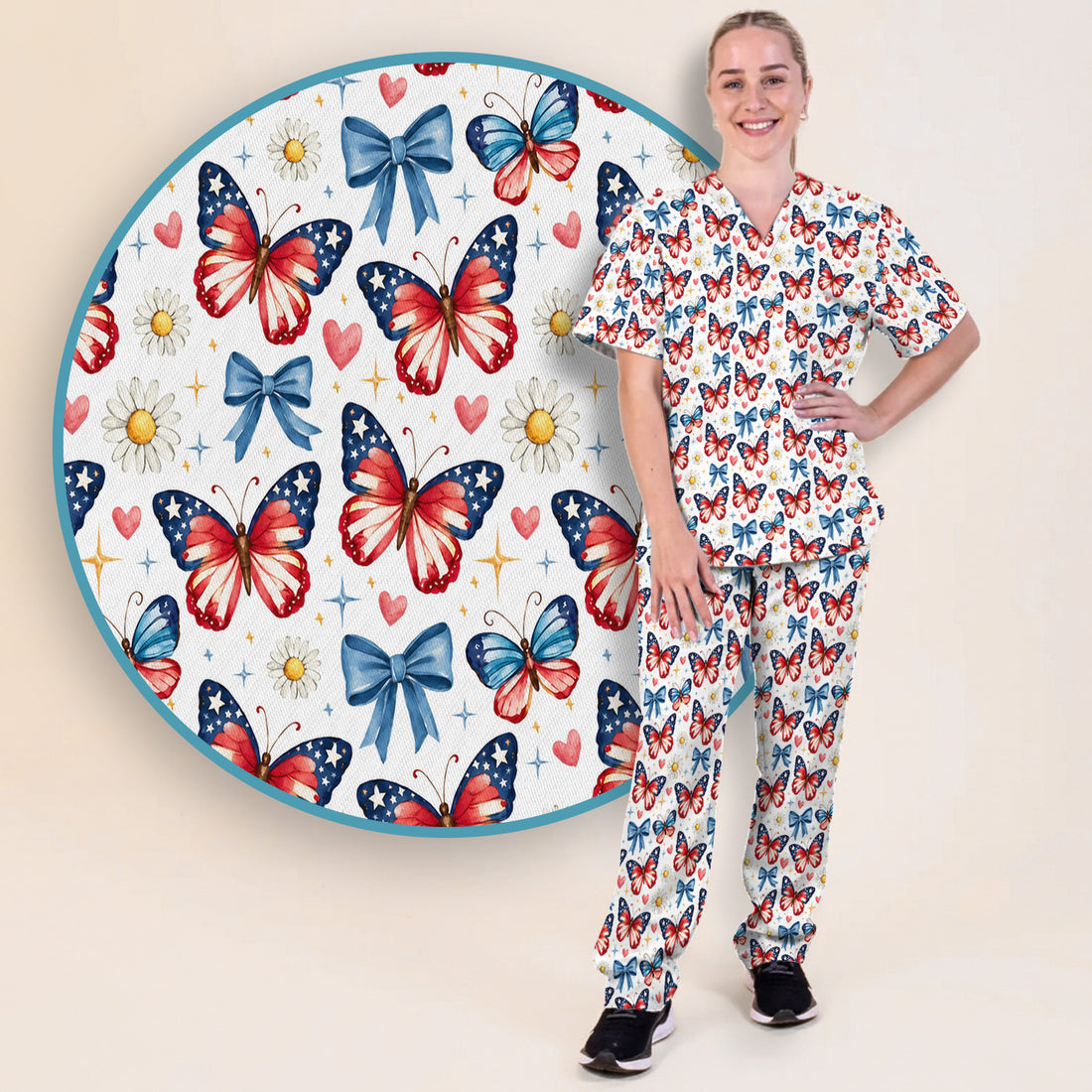 Patriotic Butterfly Bow Daisy Pattern Scrub Set, Scrub Pants and V Neck Top