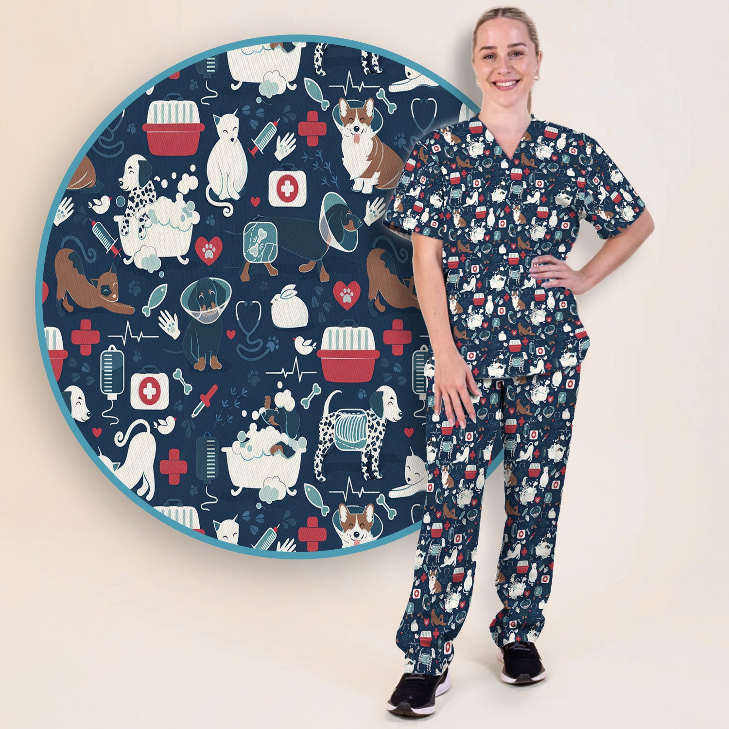 Dogs With Veterinary Tools And Paw Print Scrub Set, Breathable Med Uniform