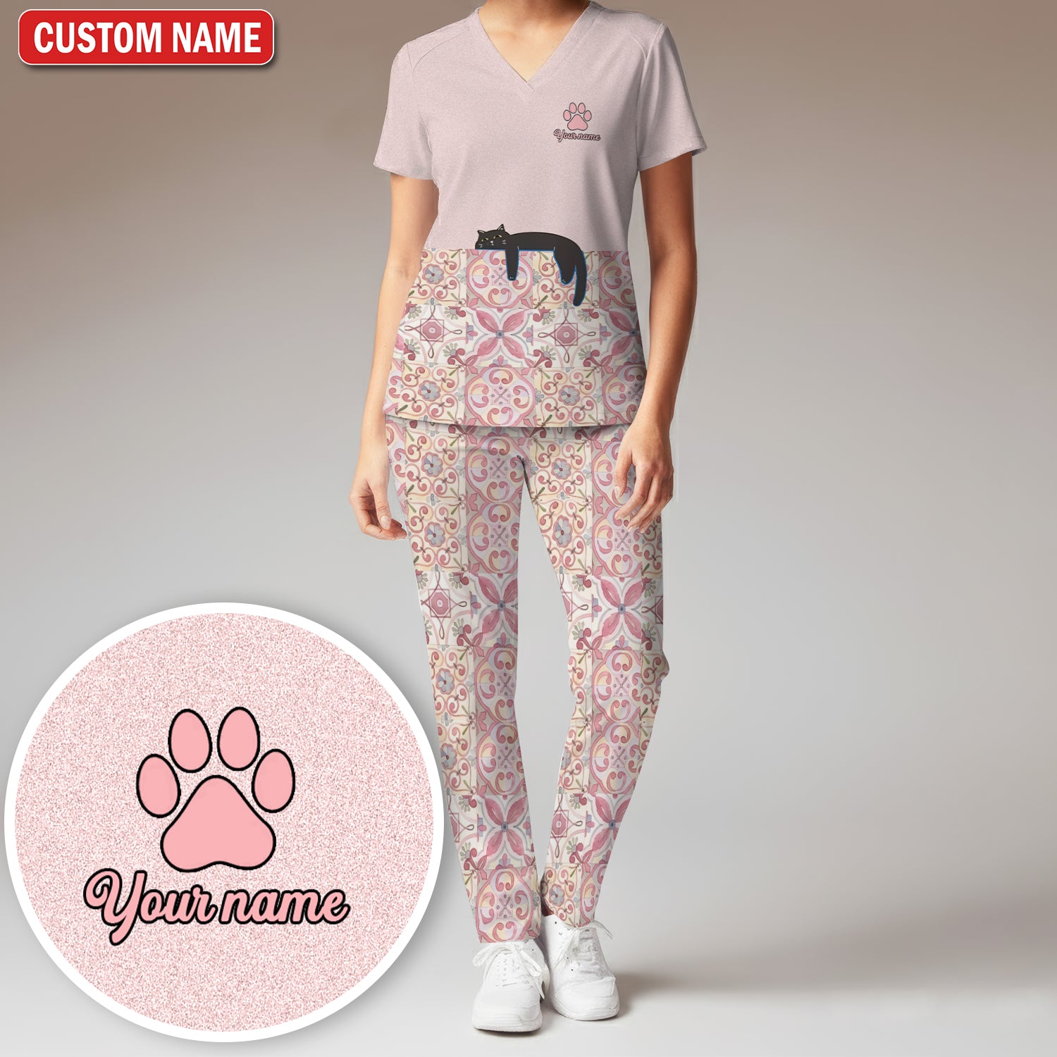 Custom Name Pink Floral Nurse Shirt, Personalized Black Cat Scrub Set For Women, Breathable Fabrics Nursing Uniform
