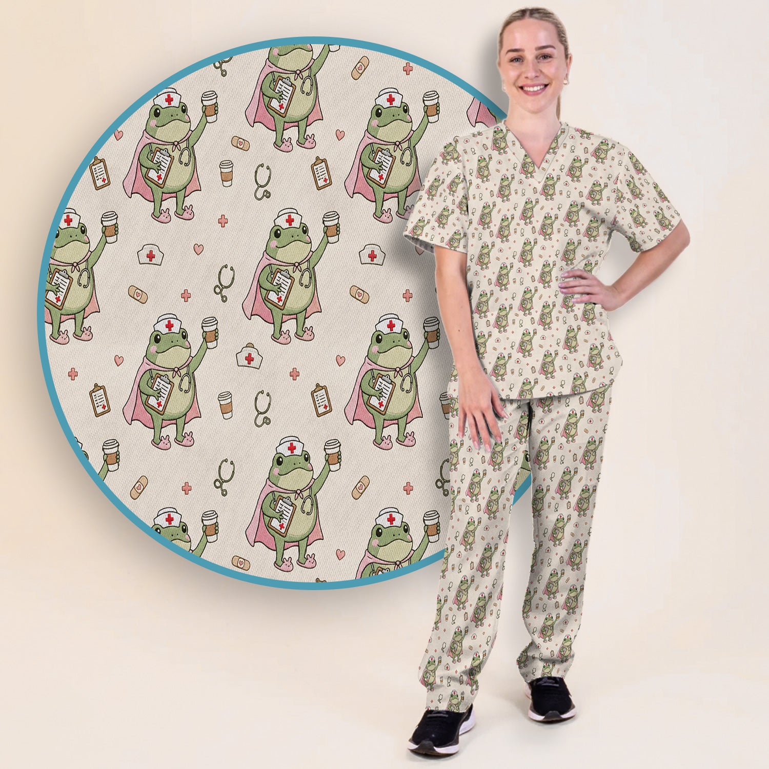 Cute Super Nurse Frog Pattern Scrub Set, Scrub Pants and V Neck Top