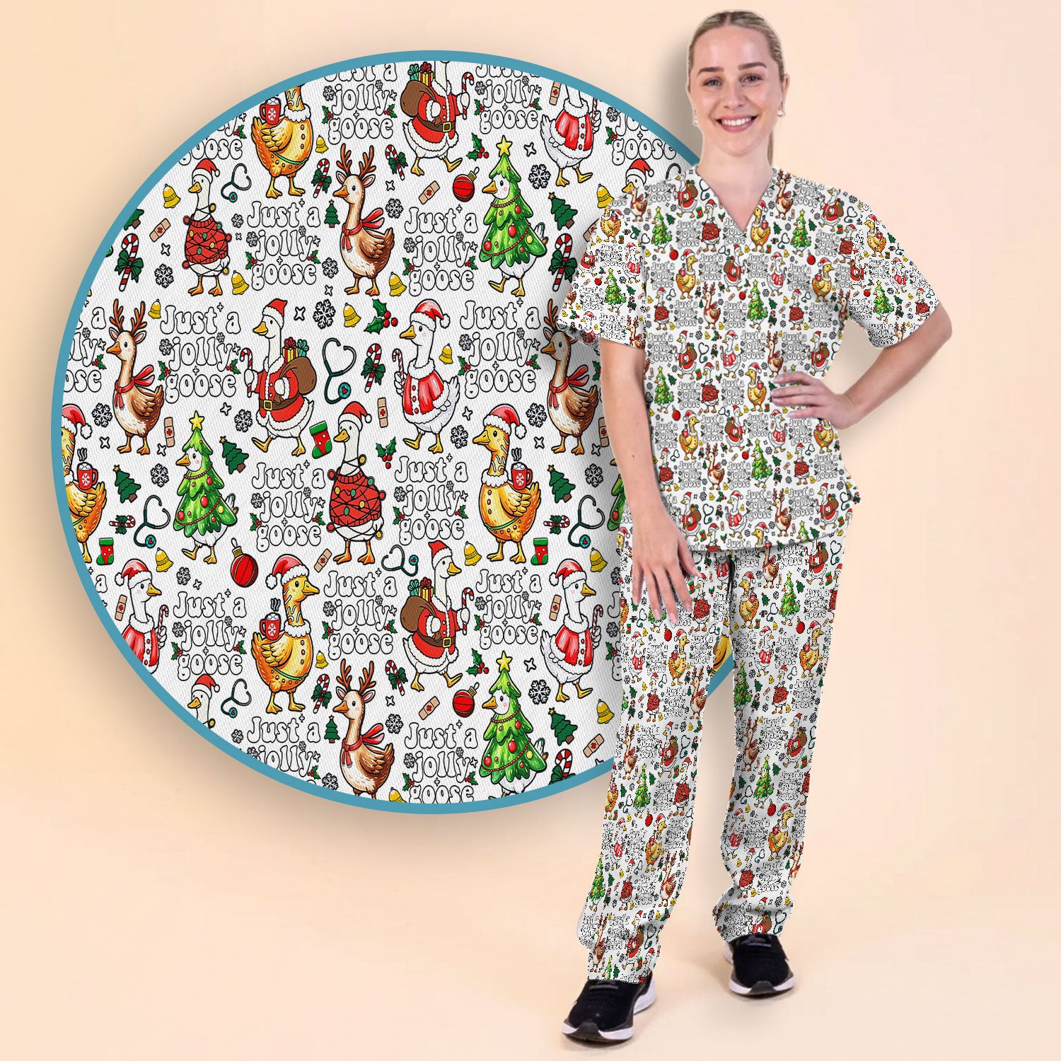 Just a Jolly Goose Funny Christmas Scrub Set - Holiday Medical Uniform for Nurse - Santa Goose Pants and Top