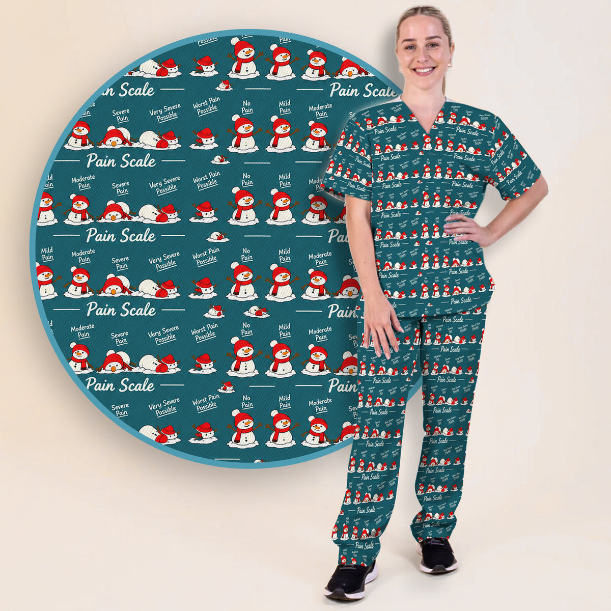 Funny Christmas Snowman Pain Scale Scrub Set, Scrub Pants and V Neck Top