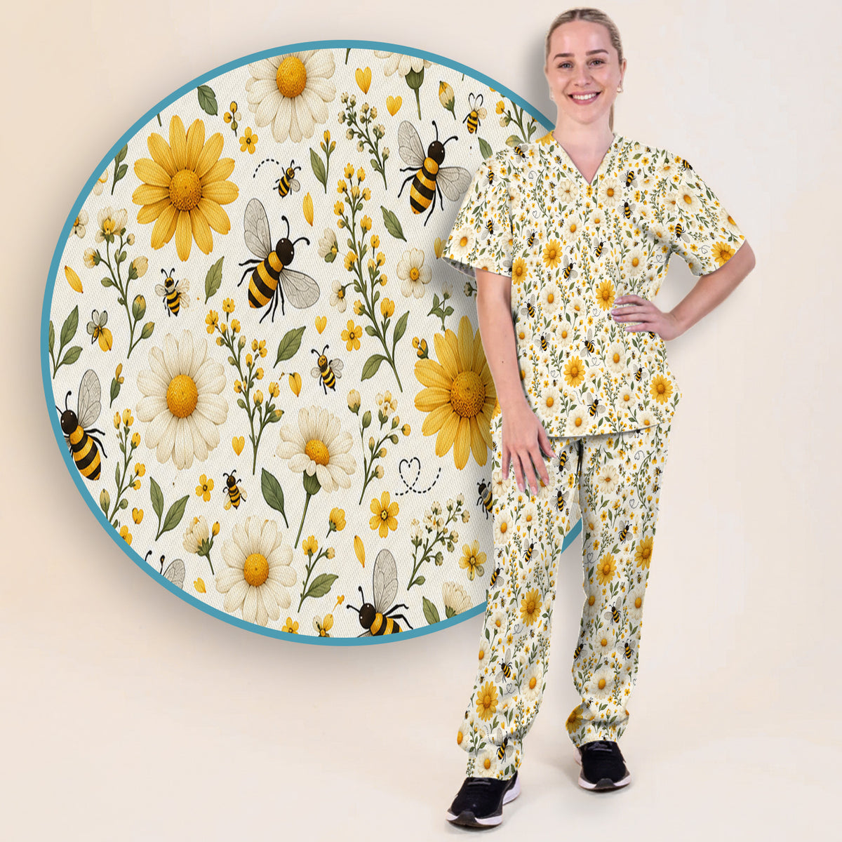 Cute Honey Bee And Daisy Pattern Scrub Set, Scrub Pants and V Neck Top