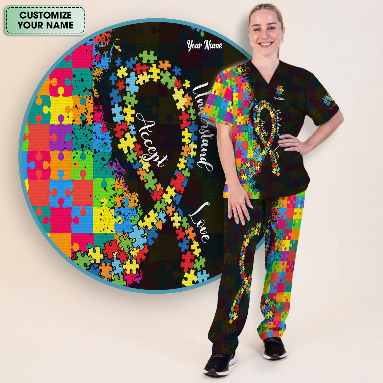 Personalized Autism Awareness Puzzle Ribbon Scrub Set, Breathable Med Uniform