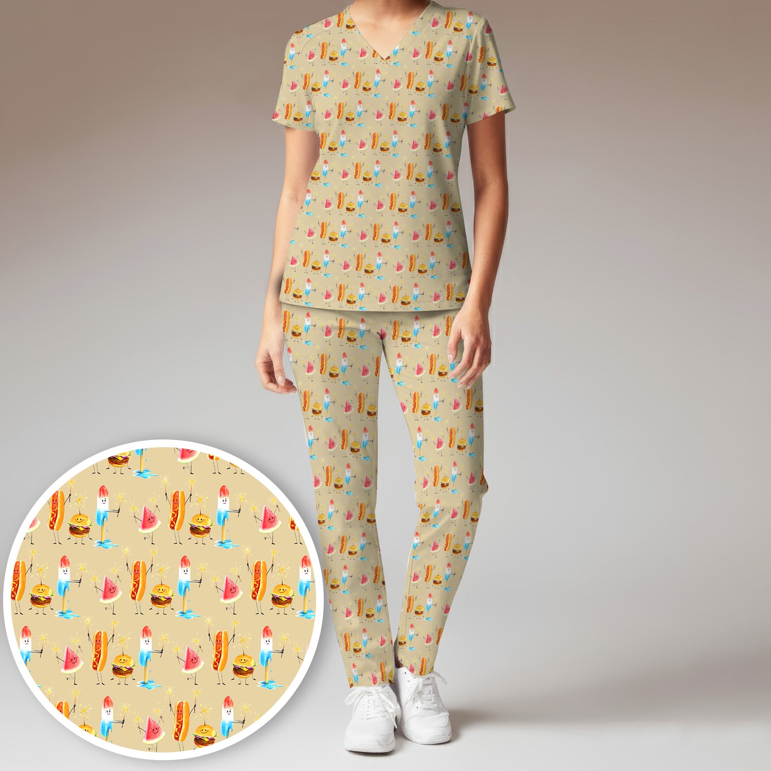 Funny Summer Food Icons Pattern Scrub Set, Breathable Fabrics Nursing Uniform
