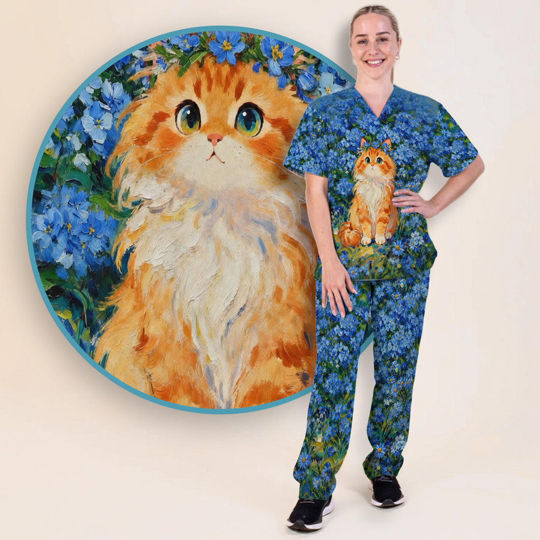 Cute Blue Floral Cat Nurse for Pediatric Nurses, RN, CNA, Pet Lover Medical Scrub Set, Scrub Pants and V Neck Top