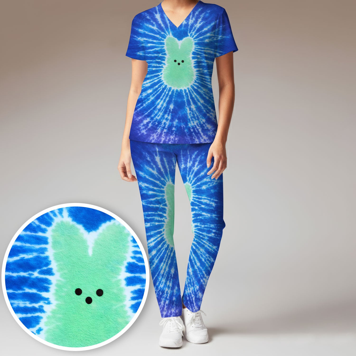 Easter Peep Tie Dye Scrub Set, Easter Bunny Nurse Shirt For Women, Breathable Fabrics Nursing Uniform