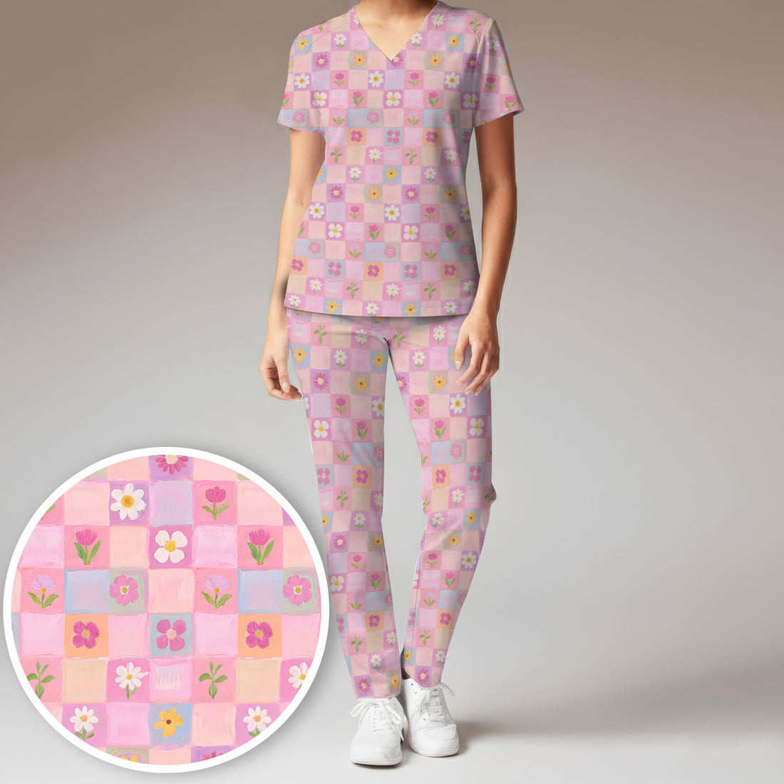 Lovely Pastel Floral Patchwork Pattern Scrub Set, Scrub Pants and V Neck Top