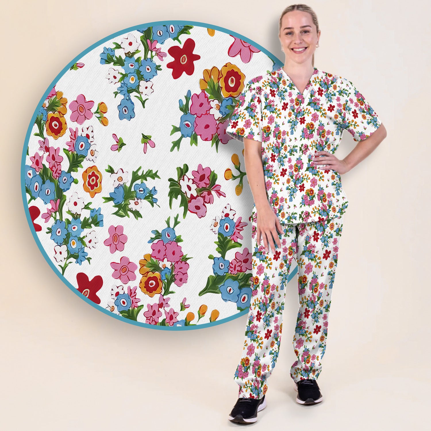 Charming Vintage Floral Bouquet Pattern Scrub Set, Nurse Uniform Scrubs Set