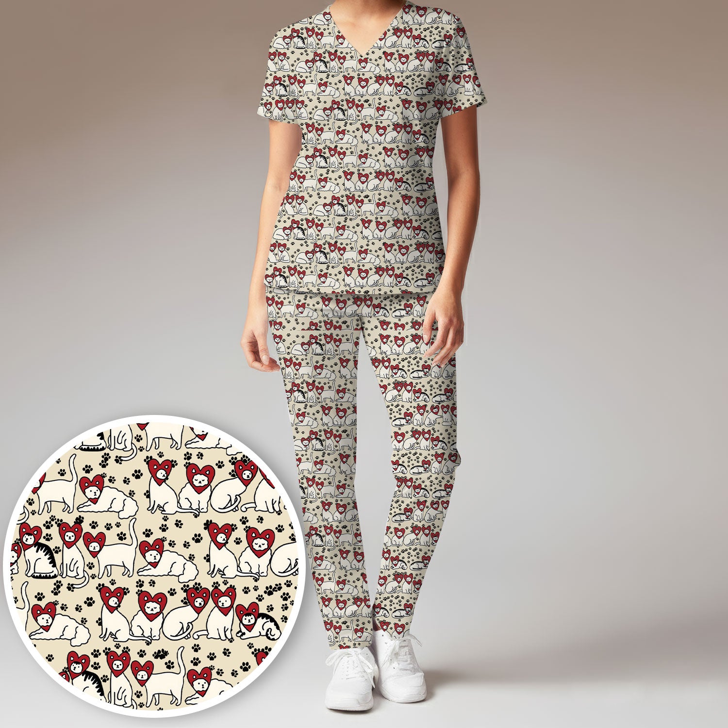 Cute Cat Heart Pattern Scrub Set, Funny Cat Scrub Shirt For Nurses, Breathable Fabrics Nursing Uniform