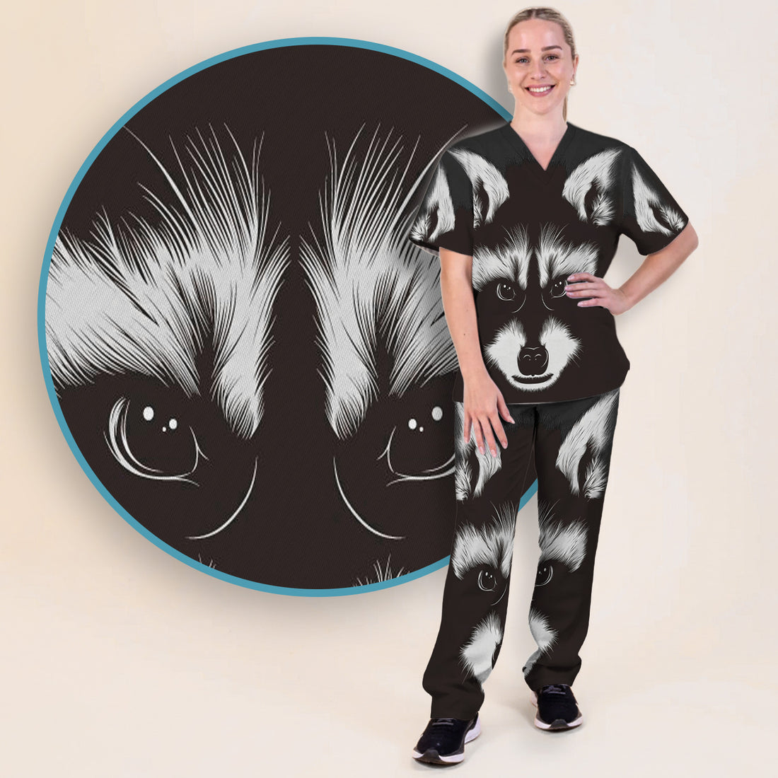 Black White Raccoon Face Pattern Scrub Set, Scrub Pants and V Neck Top