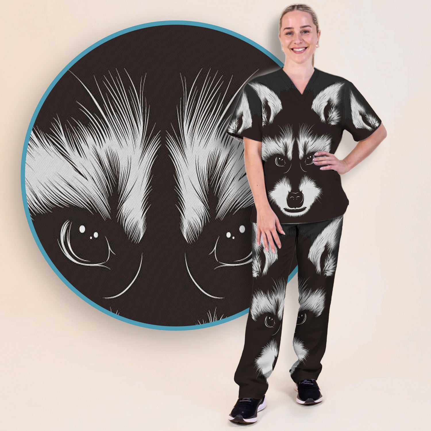 Black White Raccoon Face Pattern Scrub Set, Scrub Pants and V Neck Top