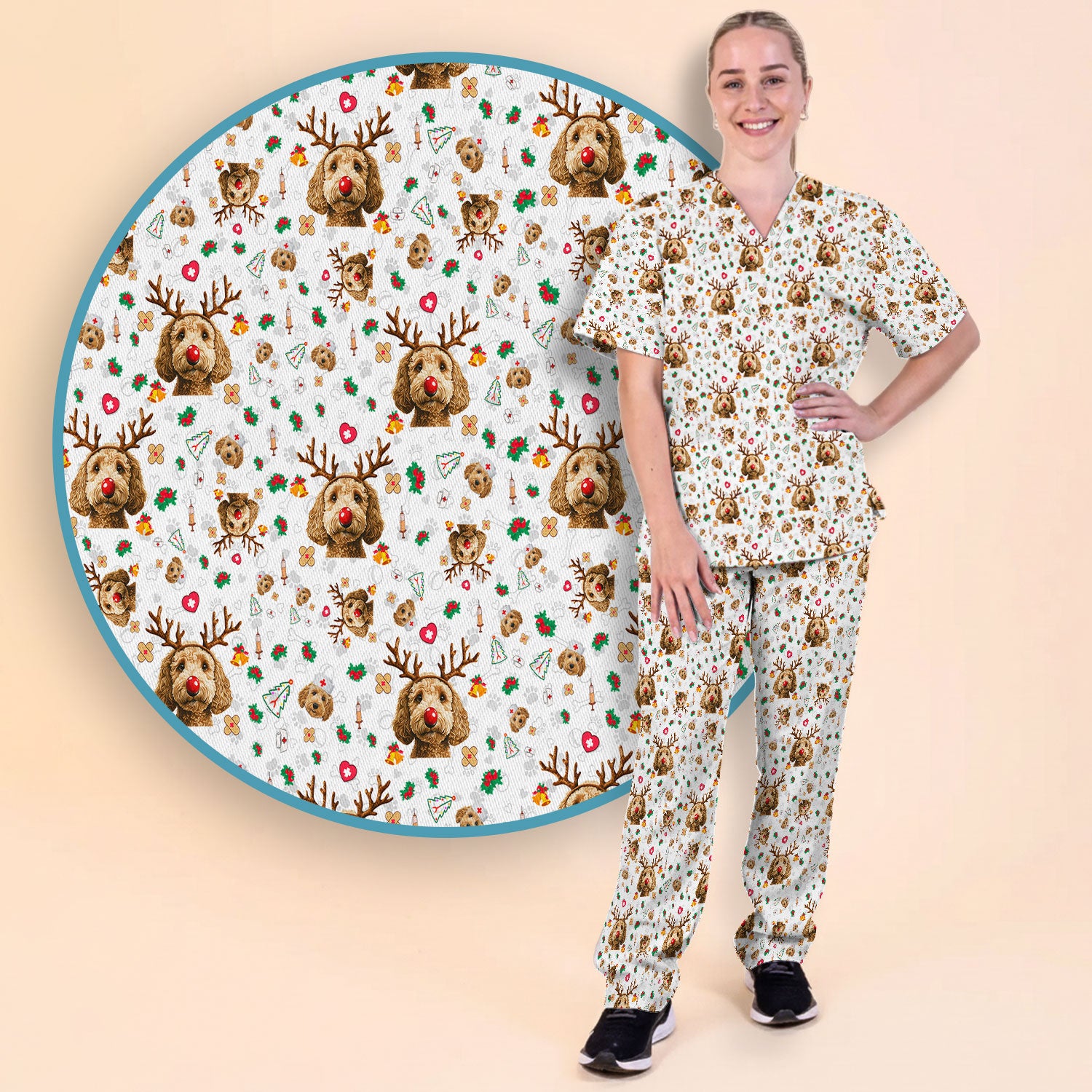 Labradoodle Reindeer Christmas Scrub Set - Funny Dog Nurse Pants and V Neck Top - Cute Holiday Medical Uniform