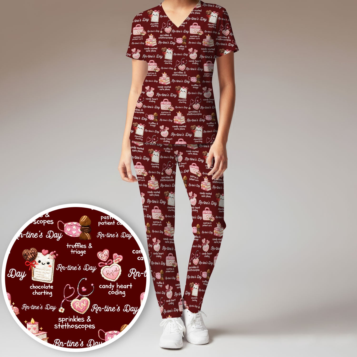 RN Sweets Valentine Stethoscope Scrub Set, Scrub Pants and V Neck Top
